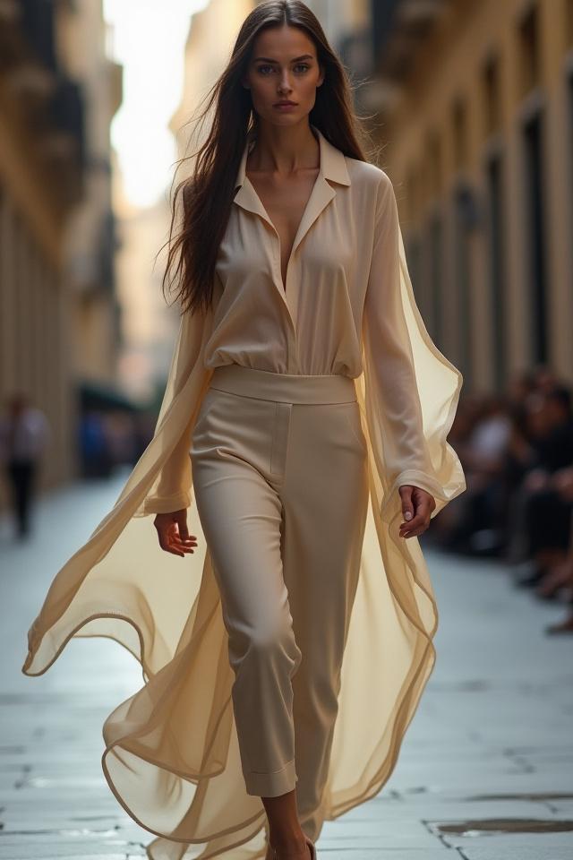 Modella che indossa un capo in tessuto unico, ripresa in movimento