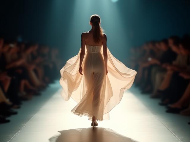 Snapshot di un video di sfilata di moda, con modelli che camminano su una passerella illuminata.