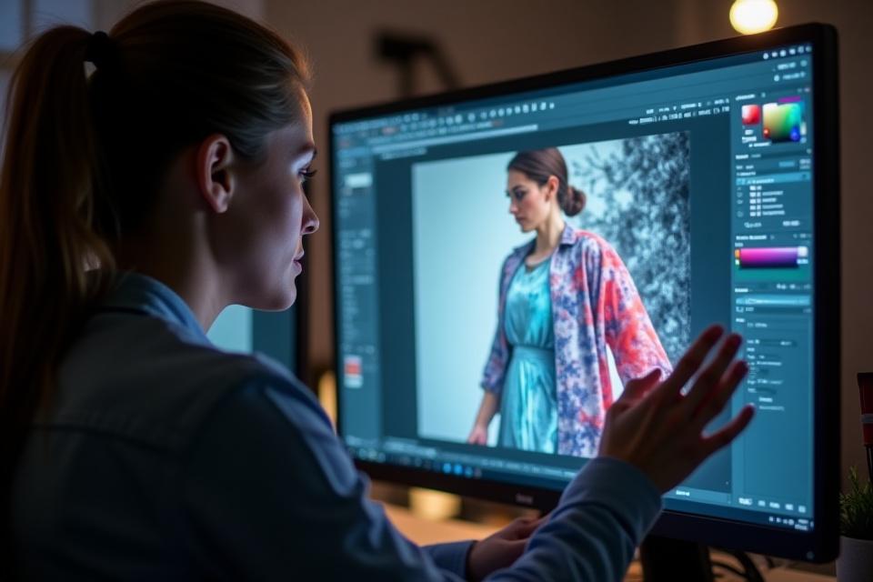 Graphic designer working on a textile image on a computer, precision work